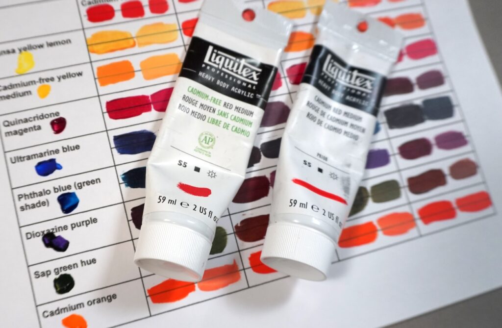 Two tubes of red paint lay on top of a swatch sheet.